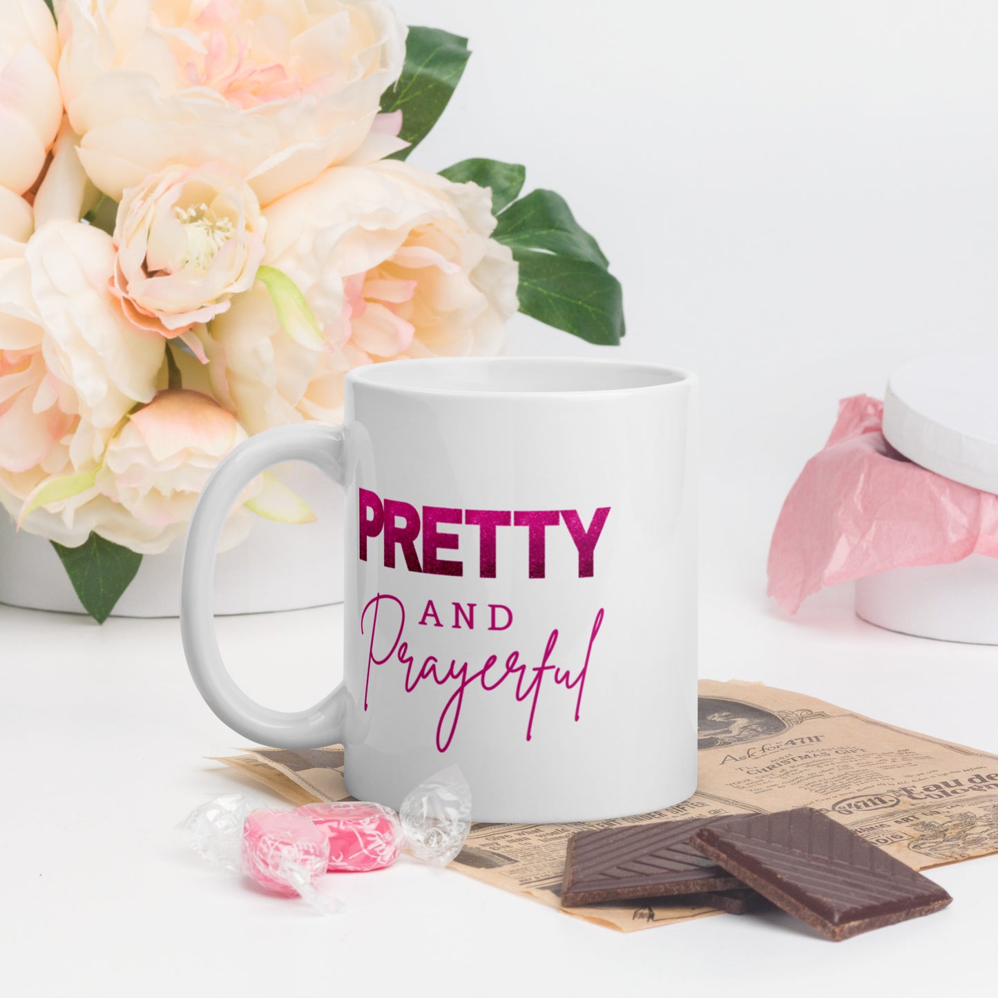 Pretty and Prayerful White glossy mug