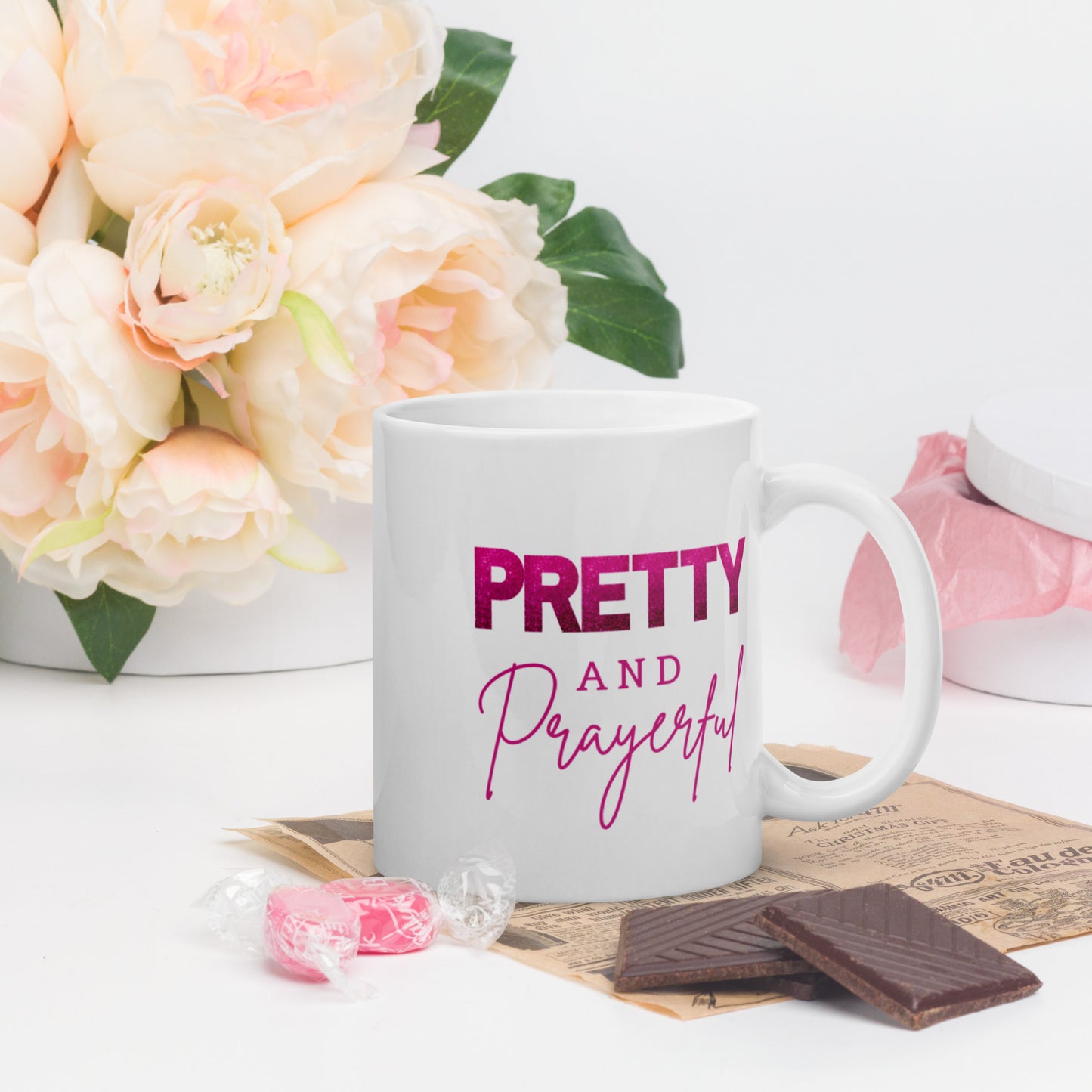 Pretty and Prayerful White glossy mug